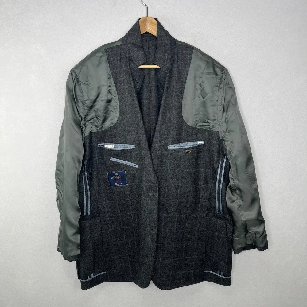 Brooks Brothers 1818 Fitzgerald Blazer 50L Gray Blue Windowpane Wool Sport Coat